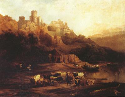 Jenaro Perez Villaamil Herd of Cattle Resting on a Riverbank in Front of a Castle (mk22) China oil painting art